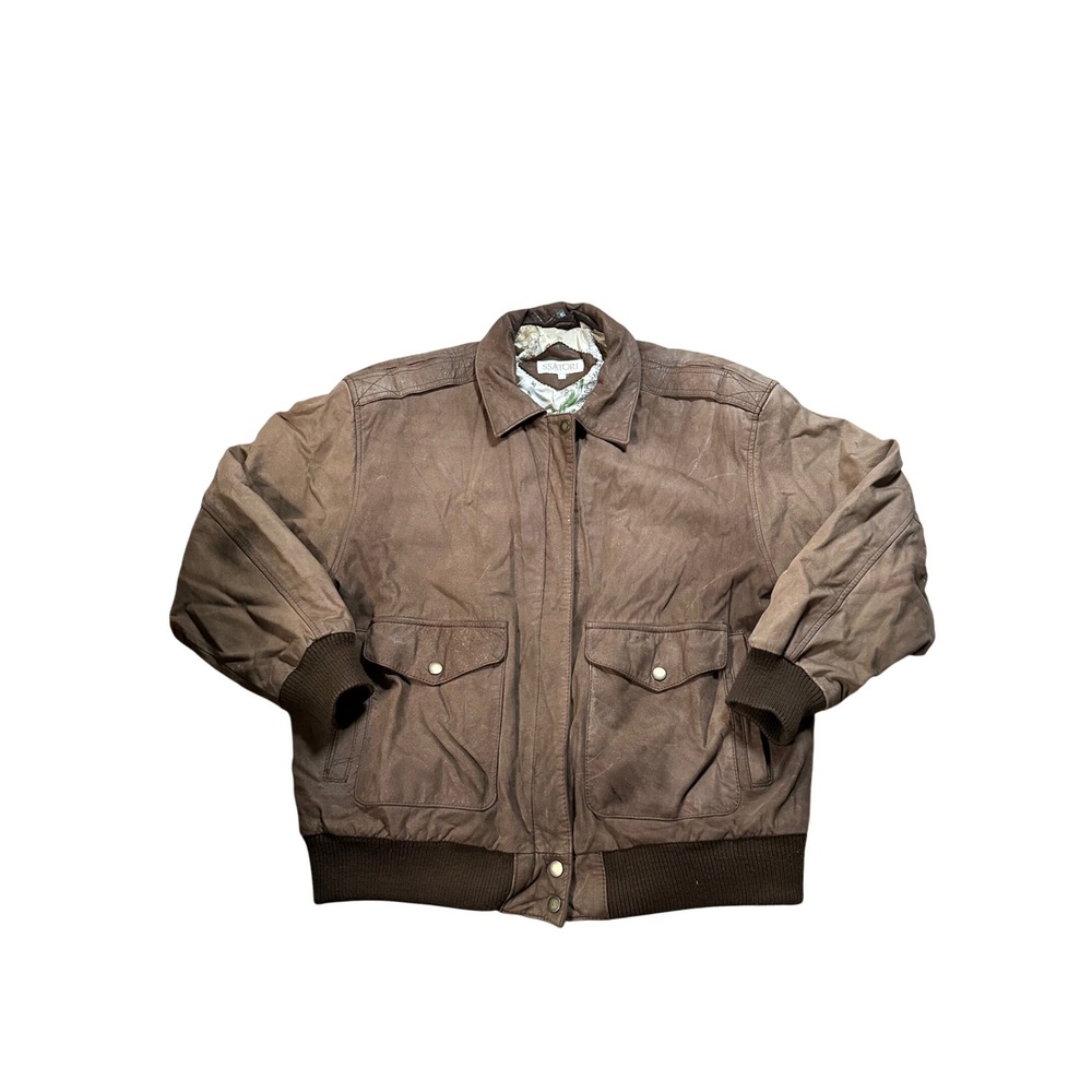 Ssatori Vintage Brown Leather Bomber Jacket Mens‎ 2XL Map Print Lining Flight